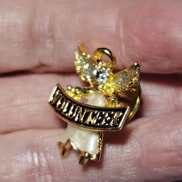 Volunteer Angel Ribbon Rhinestones Pin Gold Tone Lapel Enamel Collectible - Picture 2 of 9